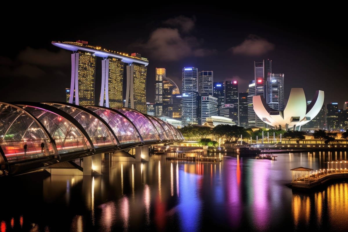 The Marina Bay waterfront at night, its towers and museum lit up and reflected in the water